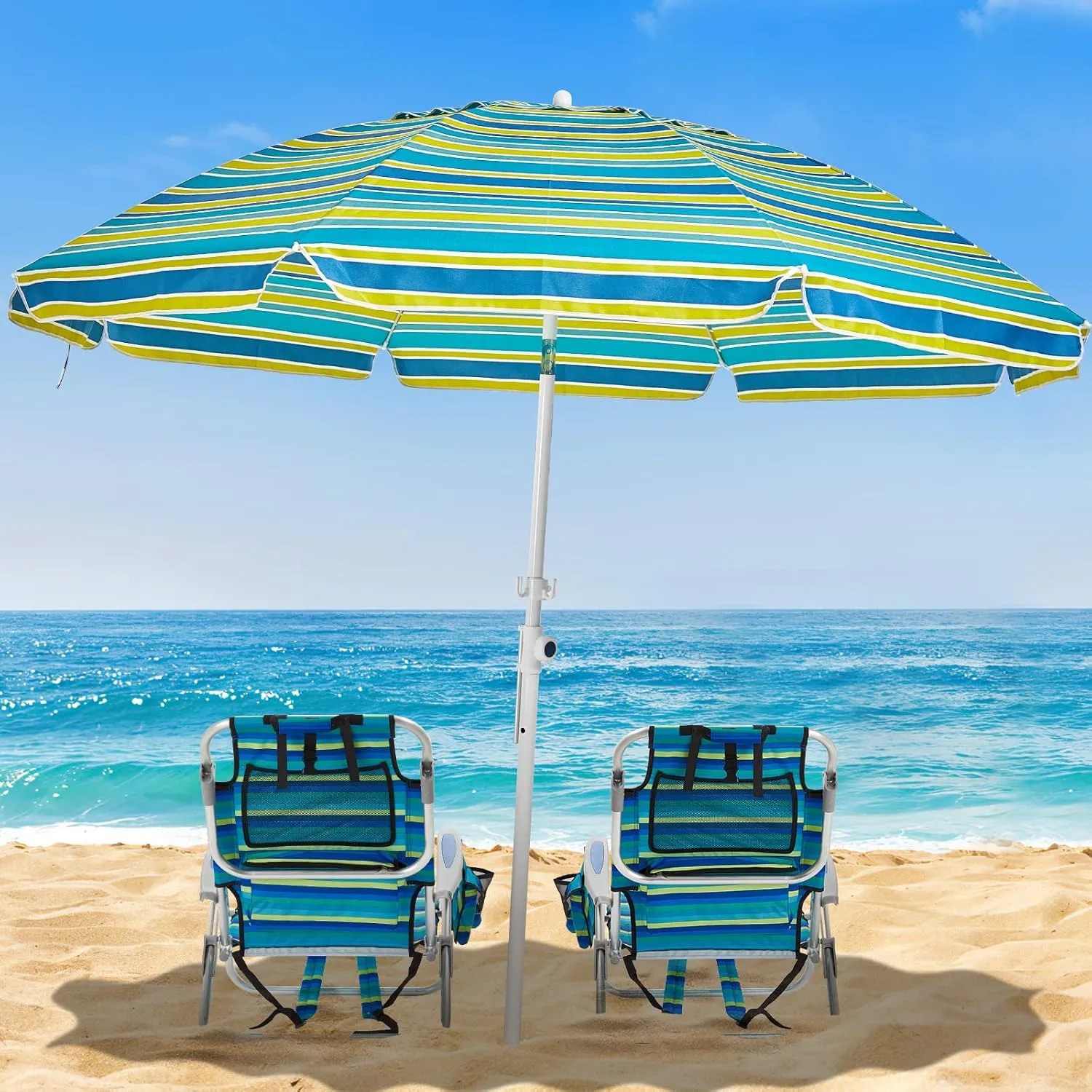Portable Beach Chair for Adults, Outdoor Lightweight Camping Chair Lay Flat Folding Backpack Beach Reclining Chair with 4 Positions, Headrest, Cooler Pouch, Cup Holder, Ocean Striped