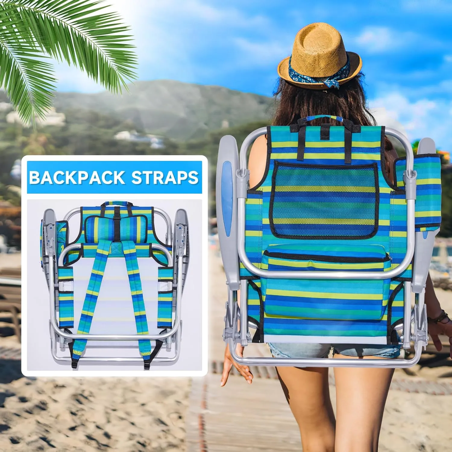 Portable Beach Chair for Adults, Outdoor Lightweight Camping Chair Lay Flat Folding Backpack Beach Reclining Chair with 4 Positions, Headrest, Cooler Pouch, Cup Holder, Ocean Striped