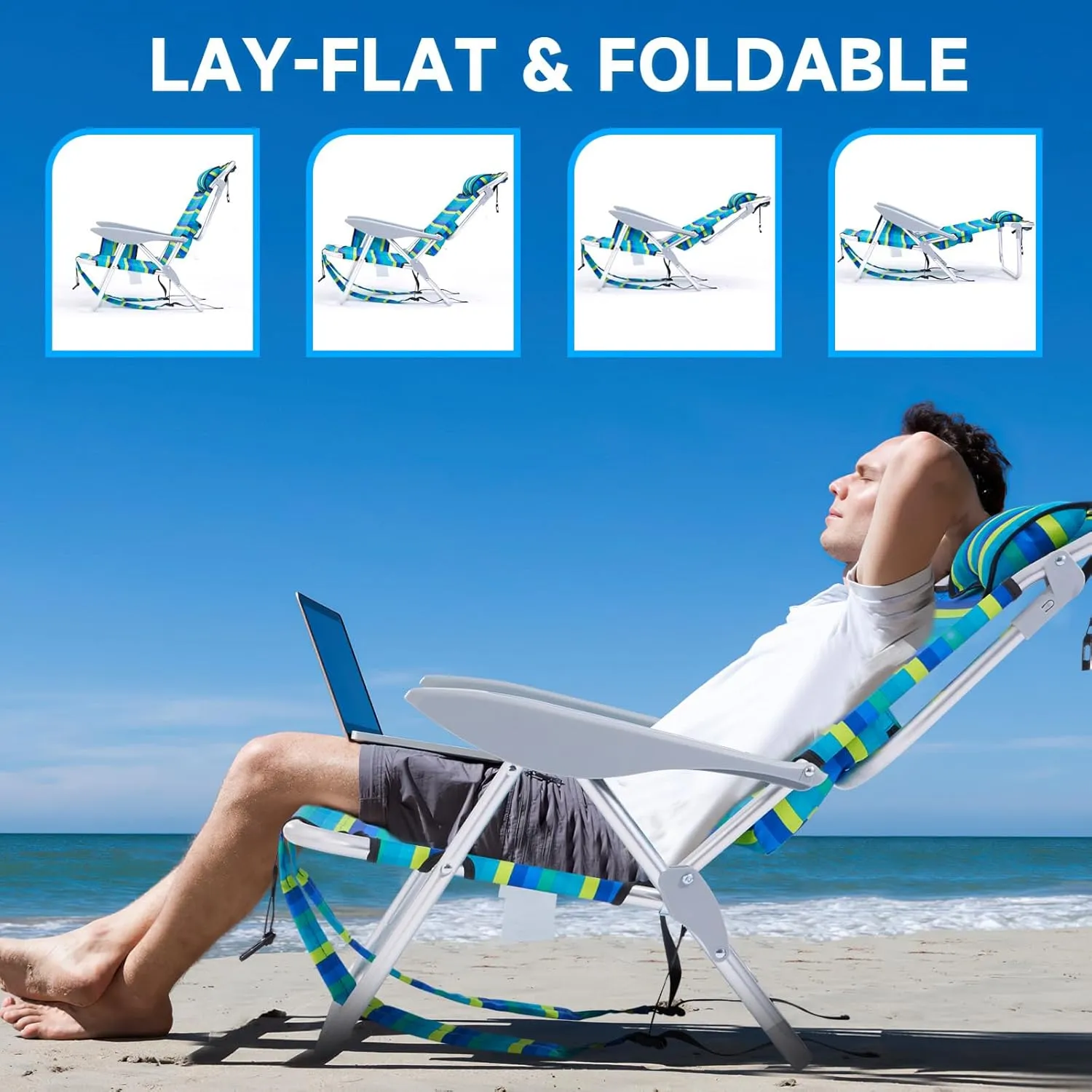 Portable Beach Chair for Adults, Outdoor Lightweight Camping Chair Lay Flat Folding Backpack Beach Reclining Chair with 4 Positions, Headrest, Cooler Pouch, Cup Holder, Ocean Striped