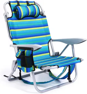 Portable Beach Chair for Adults, Outdoor Lightweight Camping Chair Lay Flat Folding Backpack Beach Reclining Chair with 4 Positions, Headrest, Cooler Pouch, Cup Holder, Ocean Striped