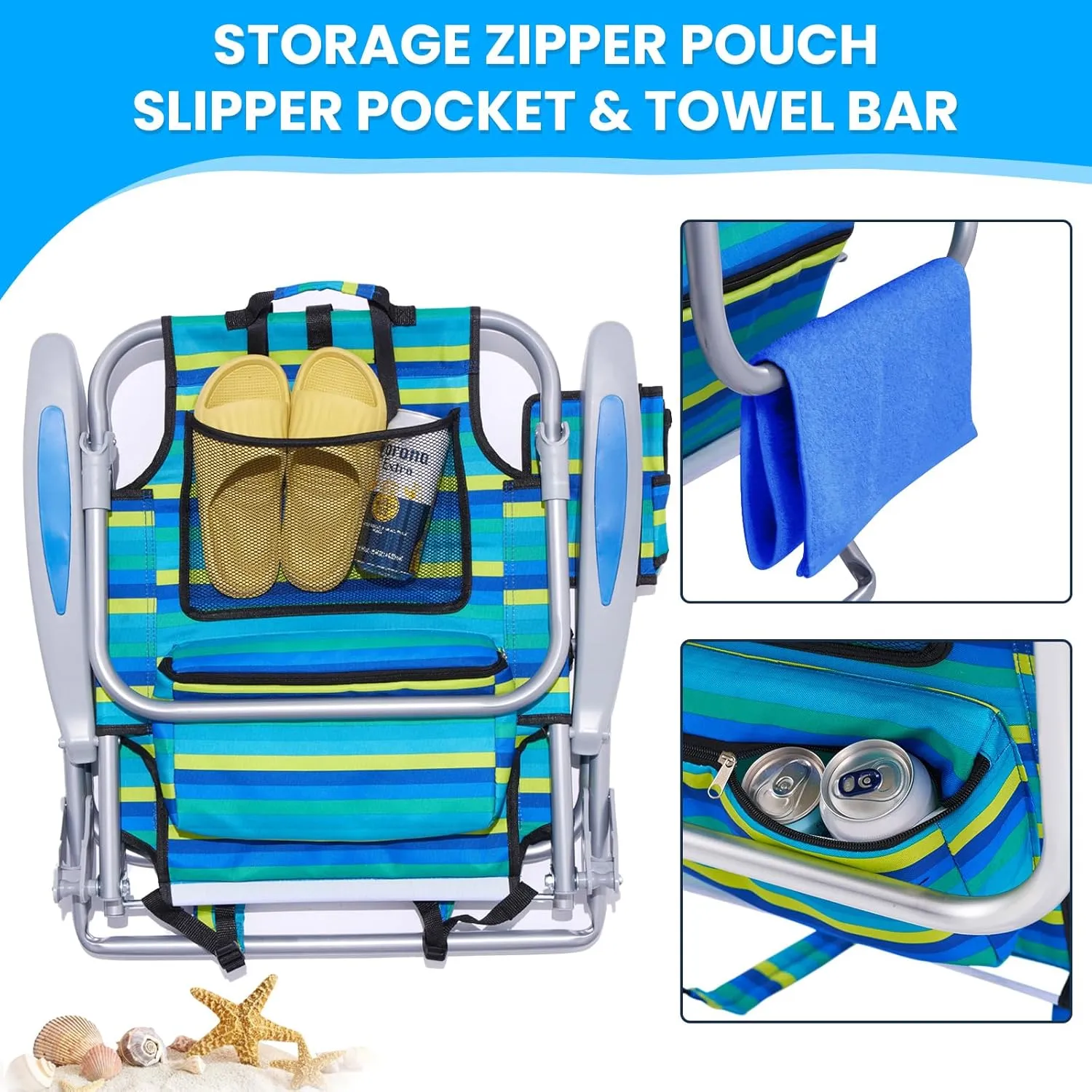 Portable Beach Chair for Adults, Outdoor Lightweight Camping Chair Lay Flat Folding Backpack Beach Reclining Chair with 4 Positions, Headrest, Cooler Pouch, Cup Holder, Ocean Striped