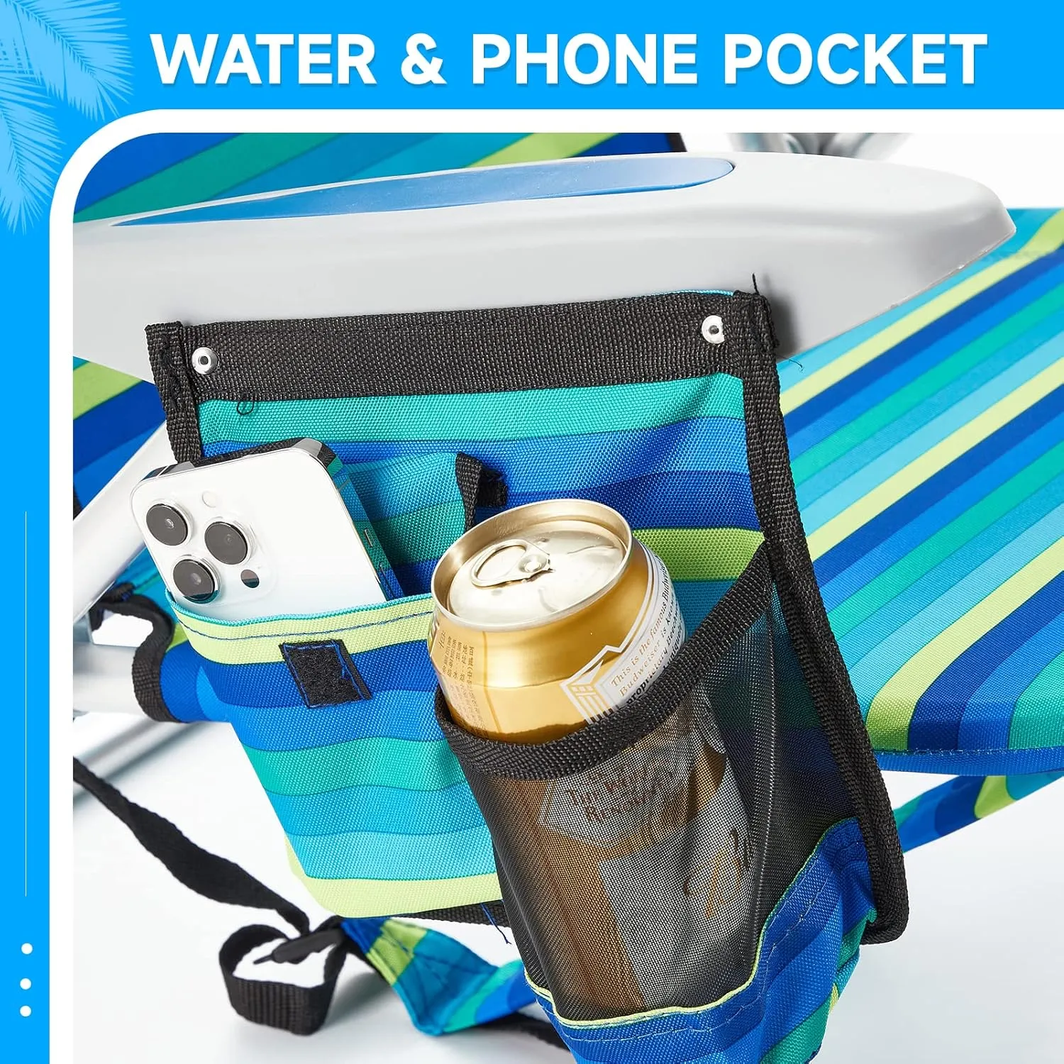 Portable Beach Chair for Adults, Outdoor Lightweight Camping Chair Lay Flat Folding Backpack Beach Reclining Chair with 4 Positions, Headrest, Cooler Pouch, Cup Holder, Ocean Striped