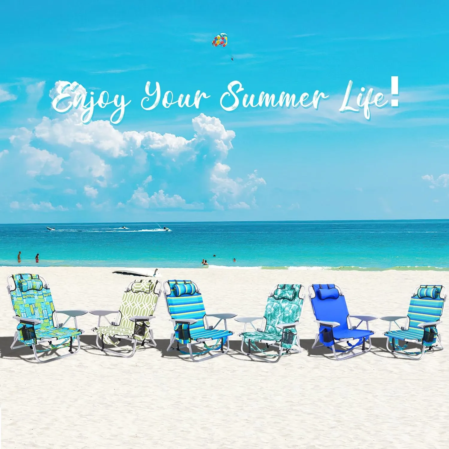 Portable Beach Chair for Adults, Outdoor Lightweight Camping Chair Lay Flat Folding Backpack Beach Reclining Chair with 4 Positions, Headrest, Cooler Pouch, Cup Holder