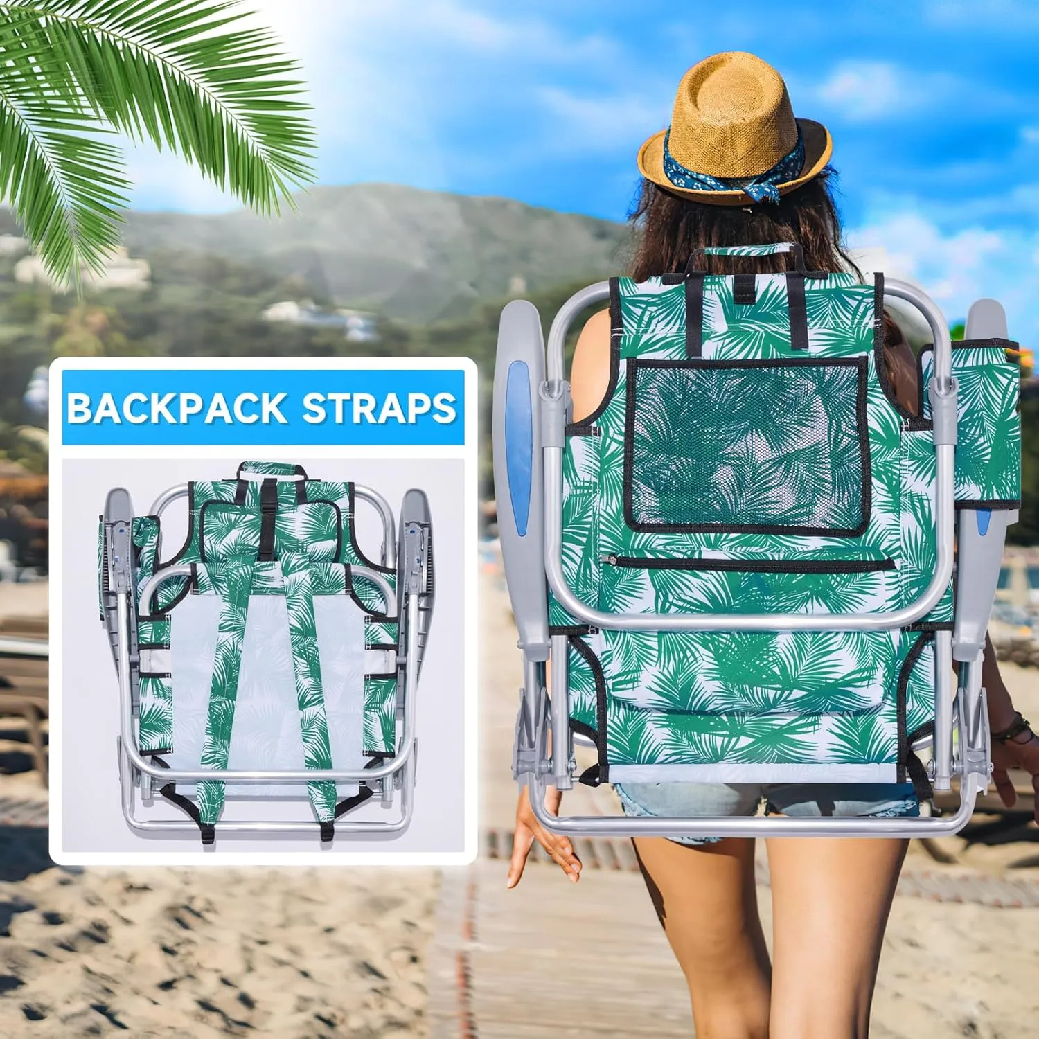 Portable Beach Chair for Adults, Outdoor Lightweight Camping Chair Lay Flat Folding Backpack Beach Reclining Chair with 4 Positions, Headrest, Cooler Pouch, Cup Holder