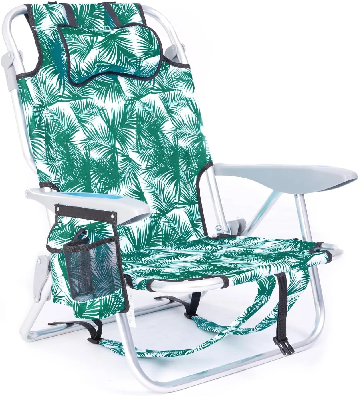 Portable Beach Chair for Adults, Outdoor Lightweight Camping Chair Lay Flat Folding Backpack Beach Reclining Chair with 4 Positions, Headrest, Cooler Pouch, Cup Holder