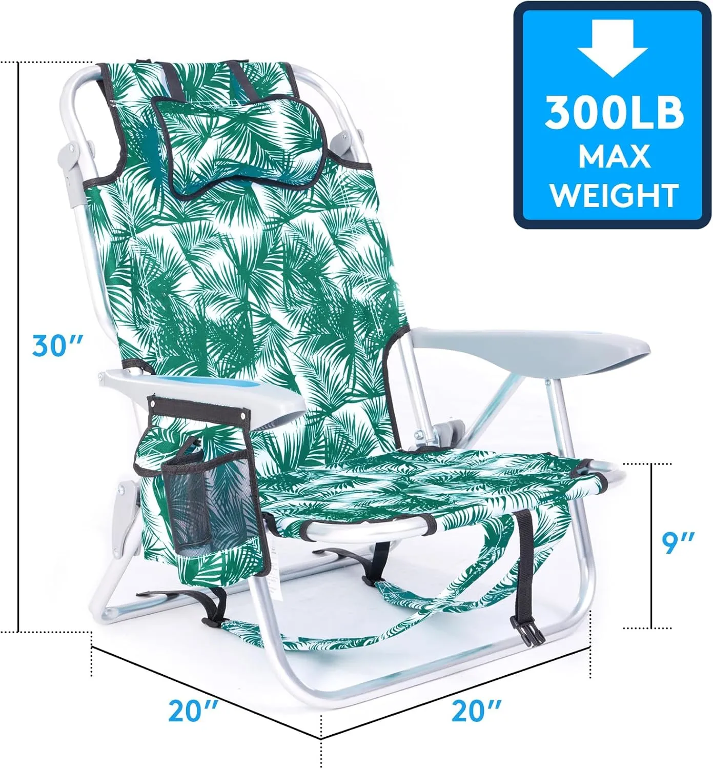 Portable Beach Chair for Adults, Outdoor Lightweight Camping Chair Lay Flat Folding Backpack Beach Reclining Chair with 4 Positions, Headrest, Cooler Pouch, Cup Holder