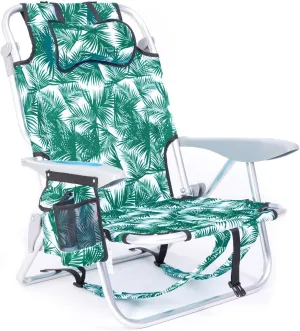 Portable Beach Chair for Adults, Outdoor Lightweight Camping Chair Lay Flat Folding Backpack Beach Reclining Chair with 4 Positions, Headrest, Cooler Pouch, Cup Holder