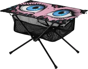 Portable Camping Table Foldable with Mesh Storage Lightweight Compact Camp Tent Side Table for Outside,Camping,Hiking,Tailgating,Pink Eyes