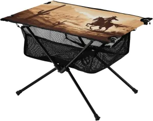 Portable Camping Table Foldable with Mesh Storage Lightweight Compact Camp Tent Side Table for Outside,Camping,Hiking,Tailgating,Western Desert Cowboy