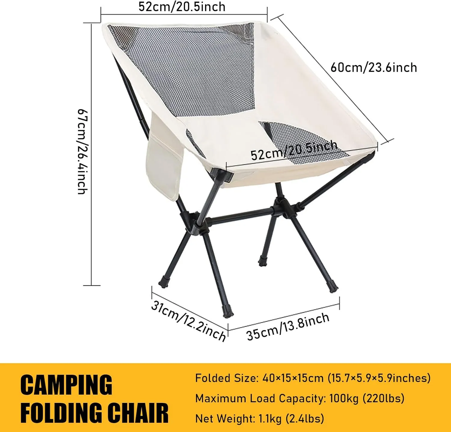 Portable Folding Chair for Camping, Backpacking Chair wiith Side Pocket, Ultralight & Compact, 100 kg Capacity, Foldable Camp Chair for Travel, Beach, Garden, Picnic,White