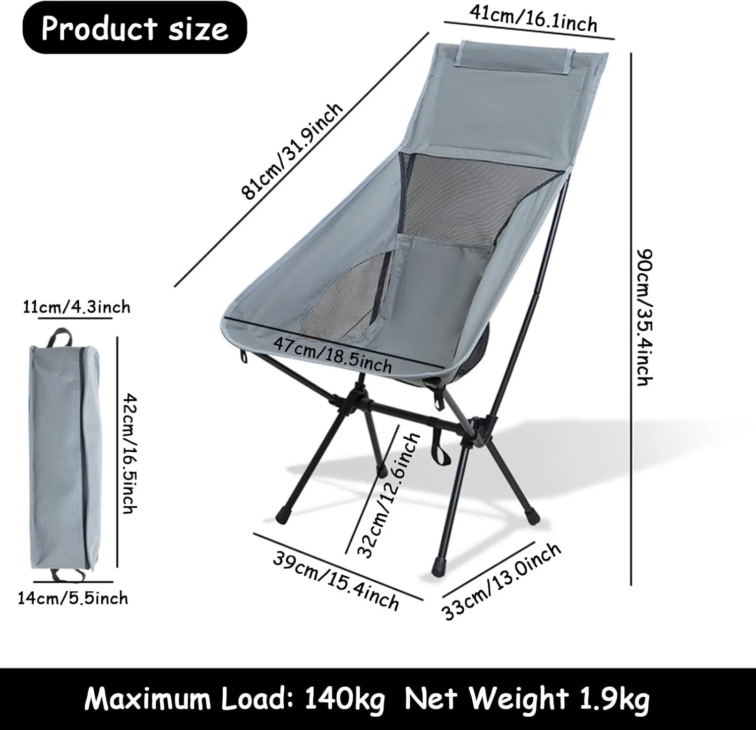 Portable High Back Camping Chair, Aluminum Frame Folding Camp Chair for Adults, Lightweight Compact with Carry Bag, Folding Backpacking Chair for Travel, Hiking, Beach, Fishing,Gray