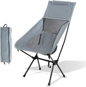Portable High Back Camping Chair, Aluminum Frame Folding Camp Chair for Adults, Lightweight Compact with Carry Bag, Folding Backpacking Chair for Travel, Hiking, Beach, Fishing,Gray