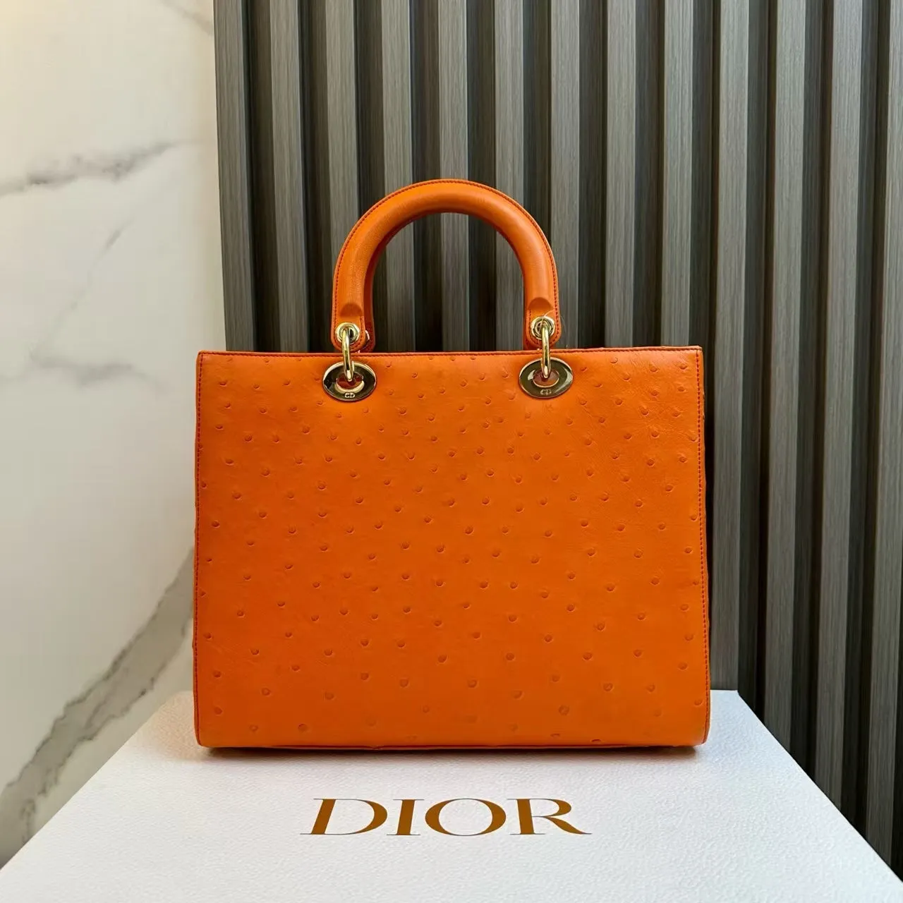 Preloved Dior Lady Dior Orange Ostrich Leather Two-Way Bag