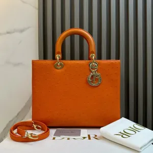 Preloved Dior Lady Dior Orange Ostrich Leather Two-Way Bag