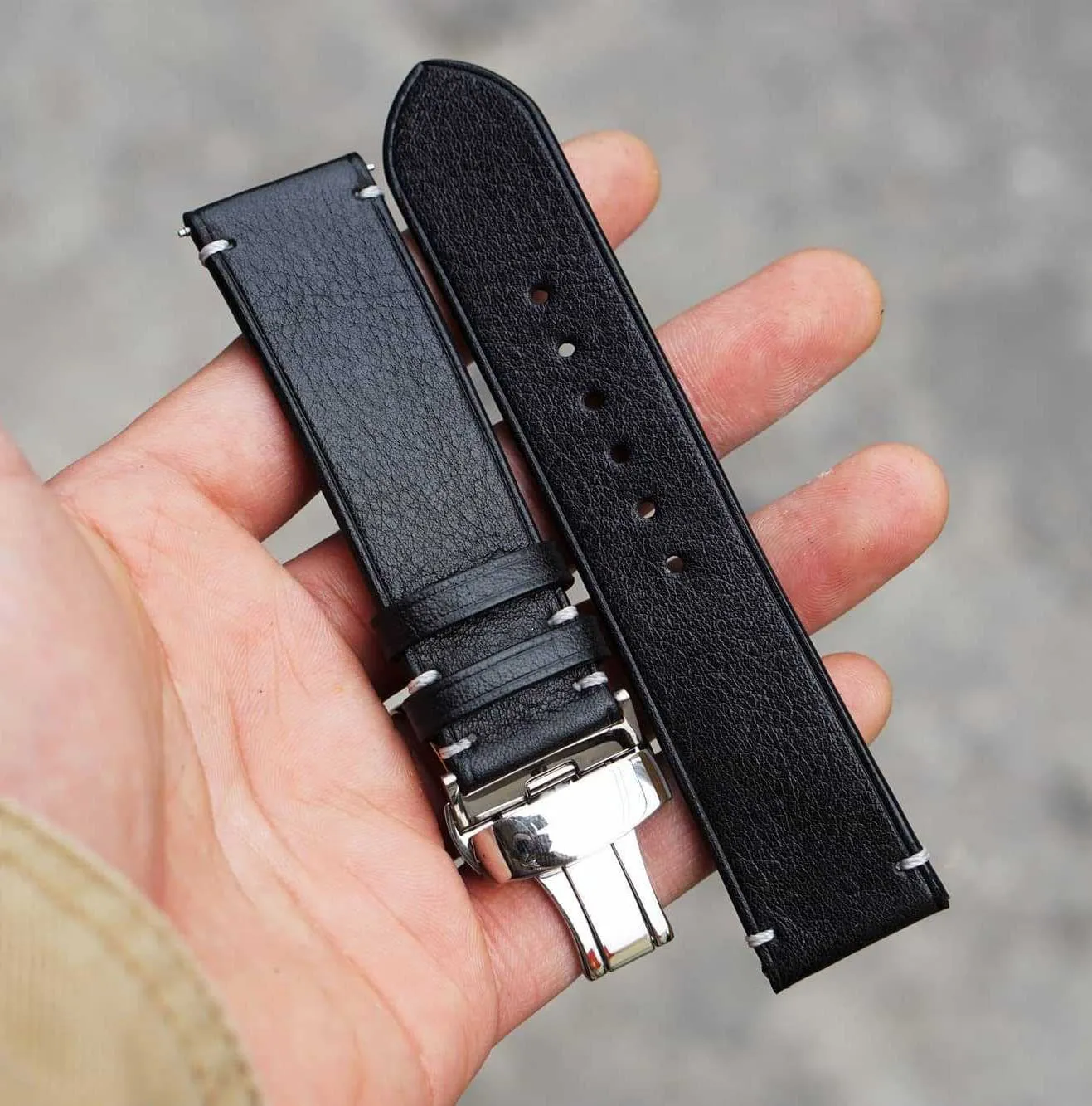 Premium Quality Black Vachetta leather watch strap, Handmade Vintage Cow leather watch band (20mm, Steel Tang Buckle)