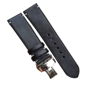 Premium Quality Black Vachetta leather watch strap, Handmade Vintage Cow leather watch band (20mm, Steel Tang Buckle)