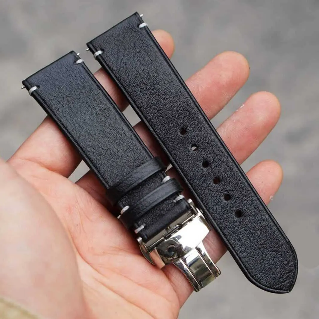 Premium Quality Black Vachetta leather watch strap, Handmade Vintage Cow leather watch band (20mm, Steel Tang Buckle)
