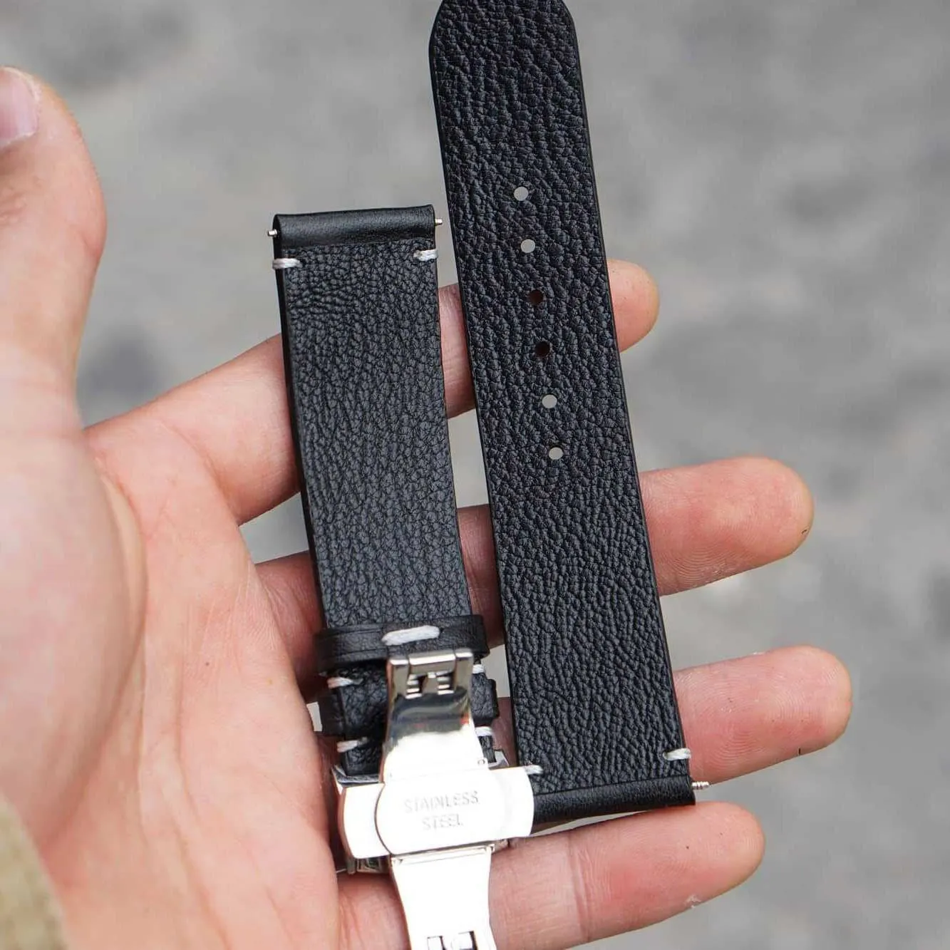 Premium Quality Black Vachetta leather watch strap, Handmade Vintage Cow leather watch band (20mm, Steel Tang Buckle)