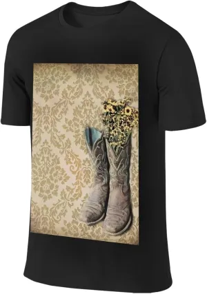 Primitive Rustic Western Cowboy Brown Turquoise Tooled Leather Cotton Short Sleeve T-Shirt,Stretch Comfortfit Tee for Sport