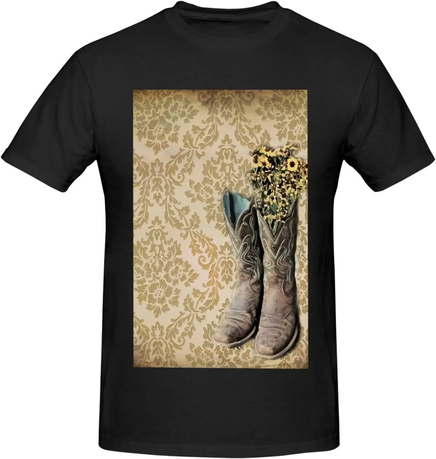 Primitive Rustic Western Cowboy Brown Turquoise Tooled Leather Cotton Short Sleeve T-Shirt,Stretch Comfortfit Tee for Sport