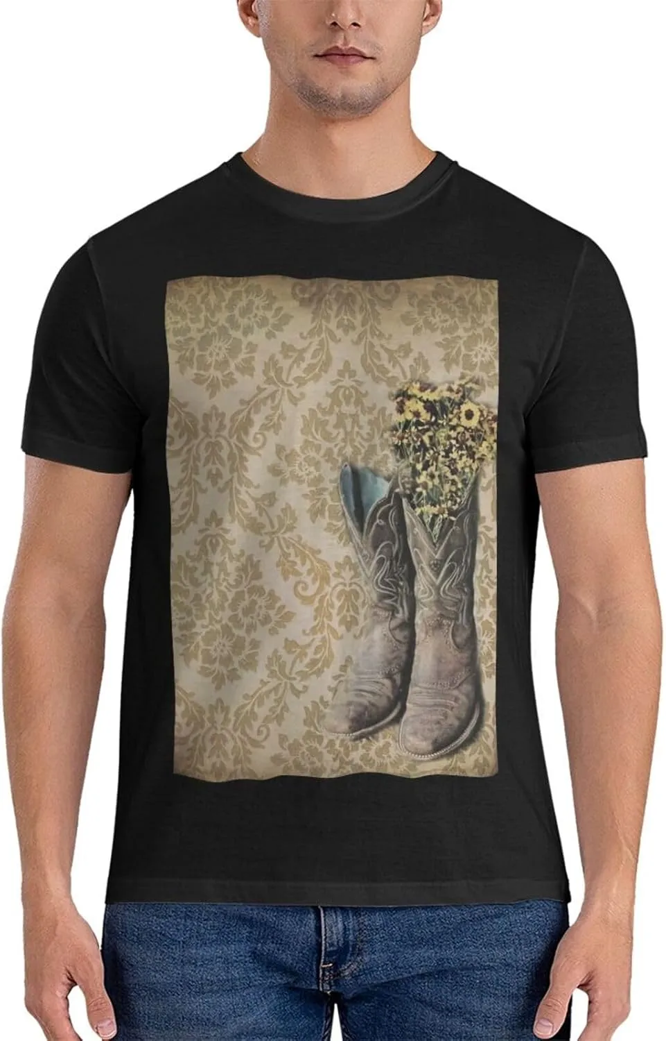 Primitive Rustic Western Cowboy Brown Turquoise Tooled Leather Cotton Short Sleeve T-Shirt,Stretch Comfortfit Tee for Sport