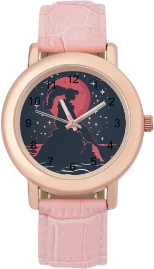 Princess Mermaid at Sunset Women's Leather Strap Watch Elegant Leather Band Ladies Watches Three-Hand Watch