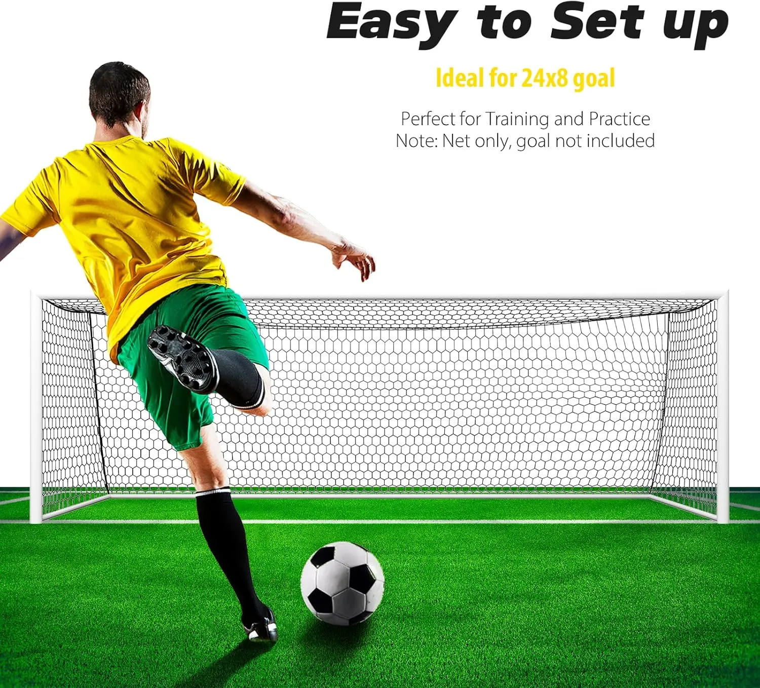 Professional Soccer Goal Replacement Net 24x8FT, 18.5x6.5FT, Upgraded Durability [4mm Nylon, 4" Hexagonal], Enhanced All-Weather, Higher Tensile Strength & More Abrasion Resistant (Net Only)