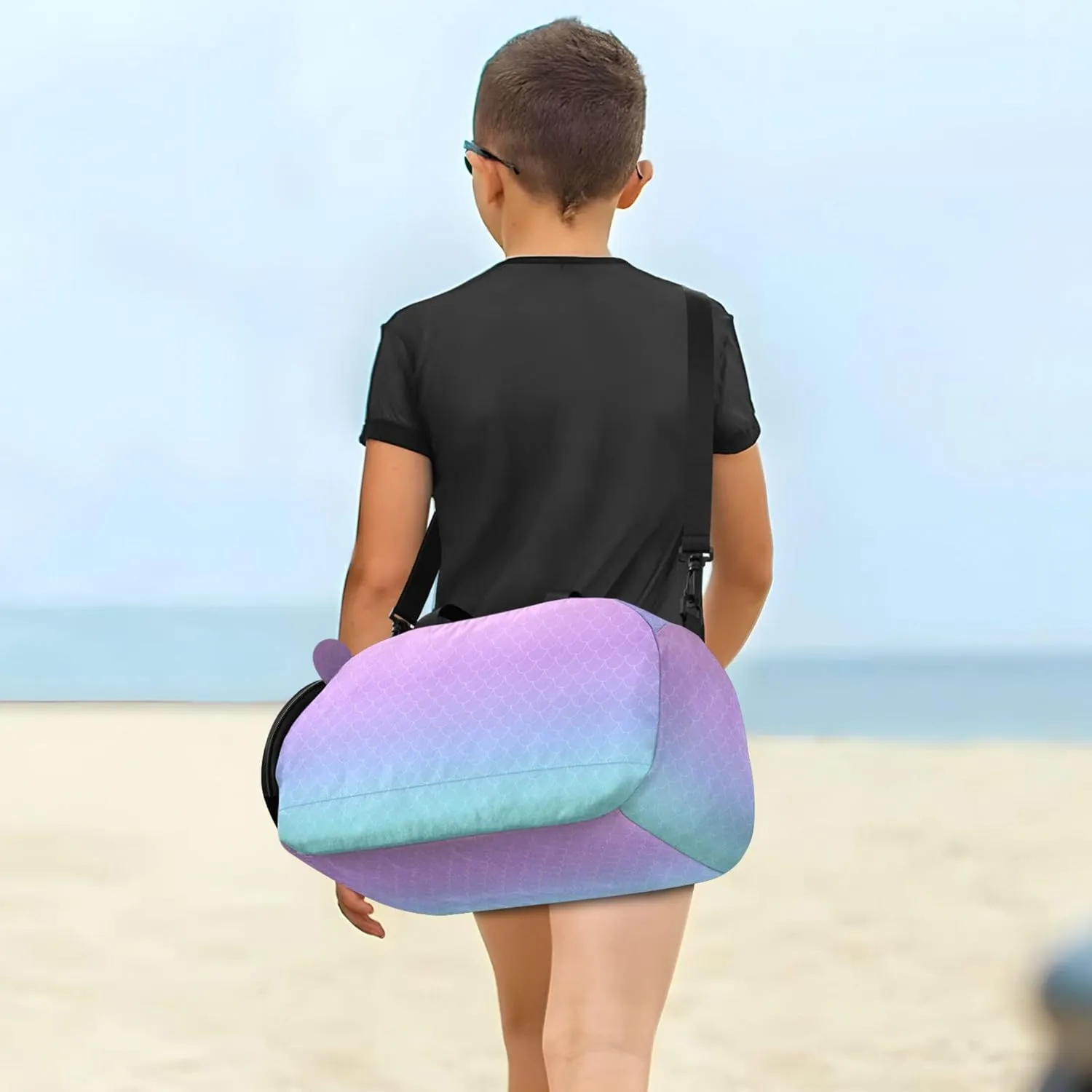Purple Turquoise Mermaid Kids Cute Gym Bag with Shoes Compartment Large Capacity Weekender Overnight Dance Bag for Travel, Swimming, Dance, Ballet