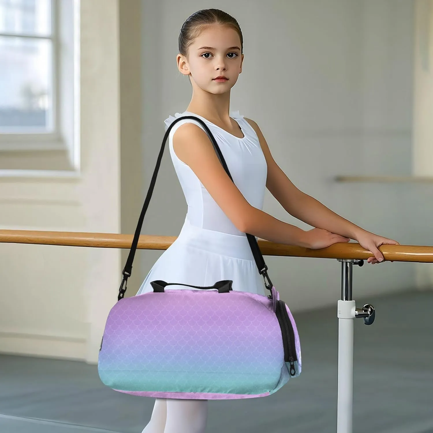Purple Turquoise Mermaid Kids Cute Gym Bag with Shoes Compartment Large Capacity Weekender Overnight Dance Bag for Travel, Swimming, Dance, Ballet