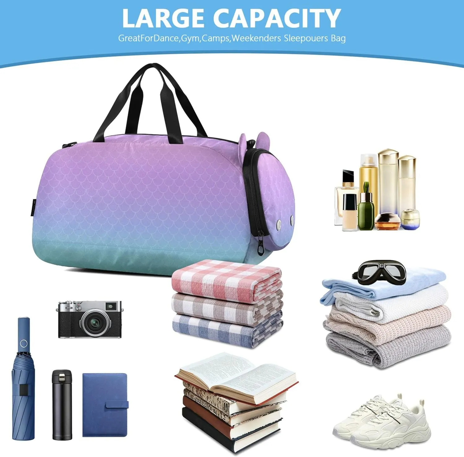 Purple Turquoise Mermaid Kids Cute Gym Bag with Shoes Compartment Large Capacity Weekender Overnight Dance Bag for Travel, Swimming, Dance, Ballet
