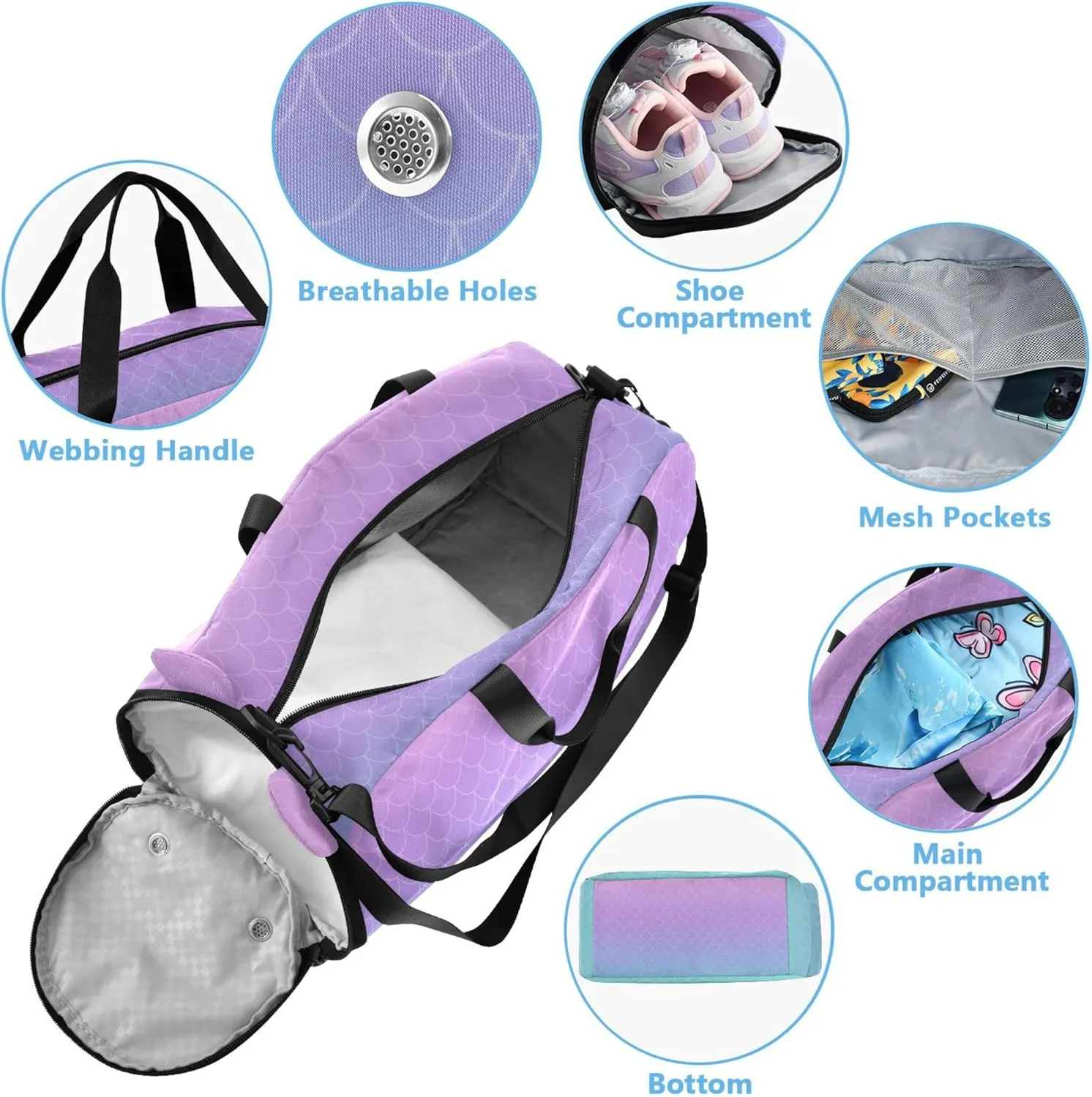 Purple Turquoise Mermaid Kids Cute Gym Bag with Shoes Compartment Large Capacity Weekender Overnight Dance Bag for Travel, Swimming, Dance, Ballet