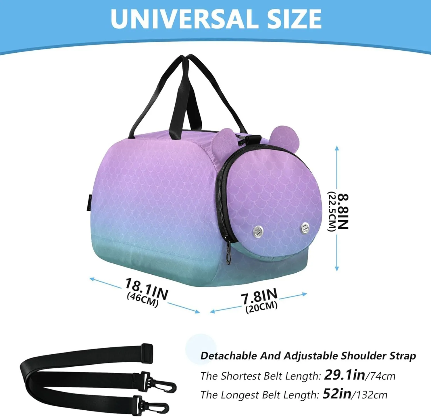 Purple Turquoise Mermaid Kids Cute Gym Bag with Shoes Compartment Large Capacity Weekender Overnight Dance Bag for Travel, Swimming, Dance, Ballet