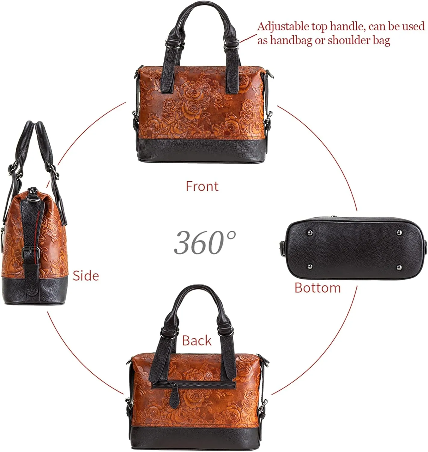 Purse and Handbags for Women Leather Shoulder Tote Handle Medium Satchel Vintage Embossing Rose