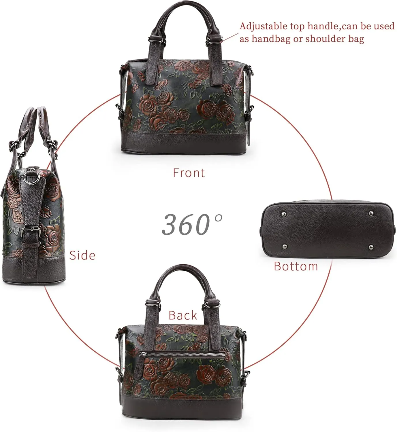 Purse and Handbags for Women Leather Shoulder Tote Handle Medium Satchel Vintage Embossing Rose