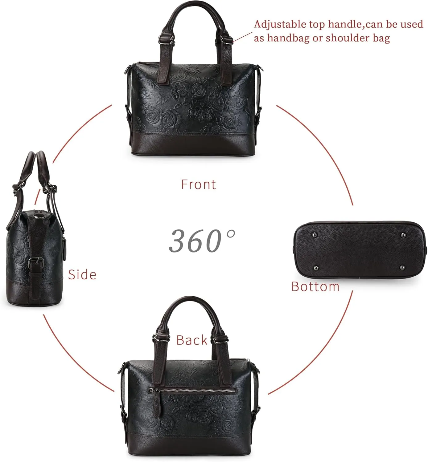 Purse and Handbags for Women Leather Shoulder Tote Handle Medium Satchel Vintage Embossing Rose