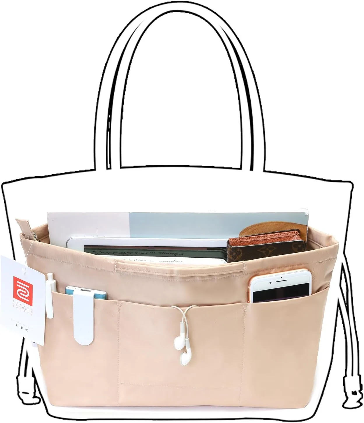 Purse Organizer Insert with zipper Nylon fabric for women Handbags & Totebag beige Size: Medium: 15.7"(Top)/12.2"(Bottom) L × 4.7" W × 8.3" H