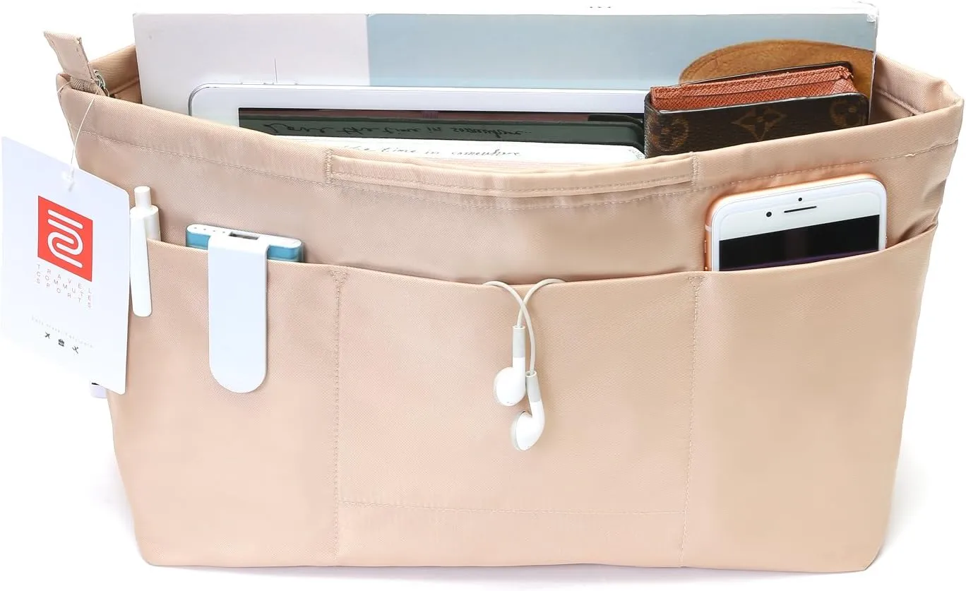 Purse Organizer Insert with zipper Nylon fabric for women Handbags & Totebag beige Size: Medium: 15.7"(Top)/12.2"(Bottom) L × 4.7" W × 8.3" H