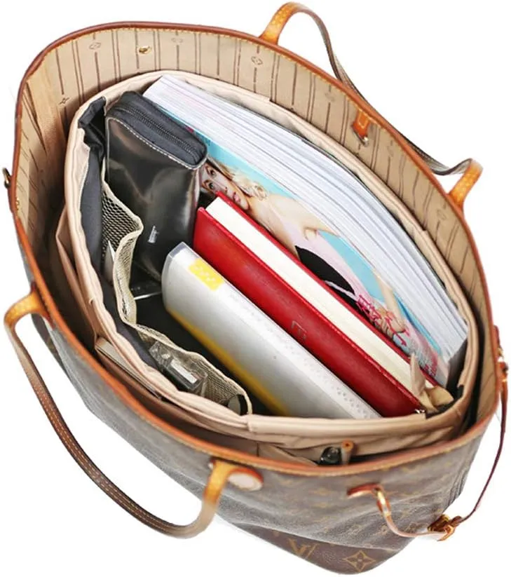 Purse Organizer Insert with zipper Nylon fabric for women Handbags & Totebag beige Size: Medium: 15.7"(Top)/12.2"(Bottom) L × 4.7" W × 8.3" H