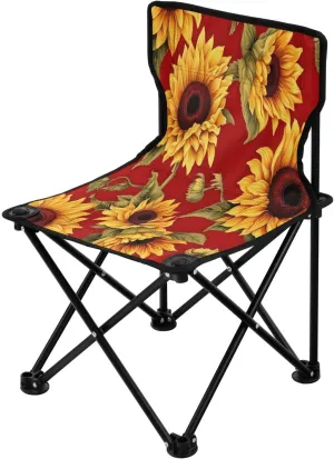 Qilmy Red Background Sunflower Portable Camping Chairs,Outdoor Collapsible Chair Sports Garden Beach Fishing,Supports up to 250lbs281