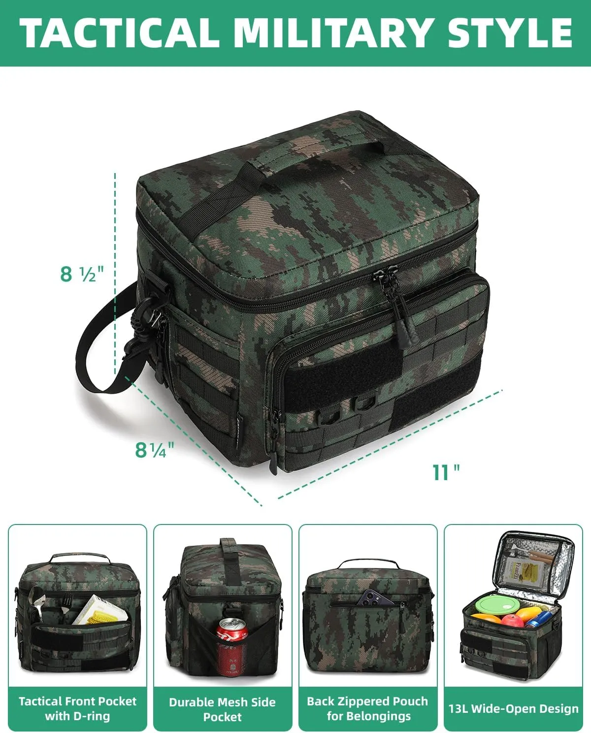 RalChyez Tactical Lunch Box, 13L Large Insulated Lunch Bag MOLLE Webbing Leakproof Thermal Cooler with Shoulder Strap Lunch Pail for Adult Men Women Office Work Camping Picnic Travel Acu Camo