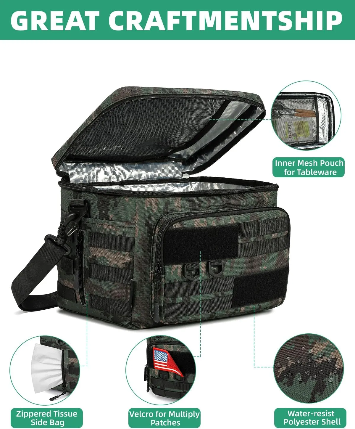 RalChyez Tactical Lunch Box, 13L Large Insulated Lunch Bag MOLLE Webbing Leakproof Thermal Cooler with Shoulder Strap Lunch Pail for Adult Men Women Office Work Camping Picnic Travel Acu Camo