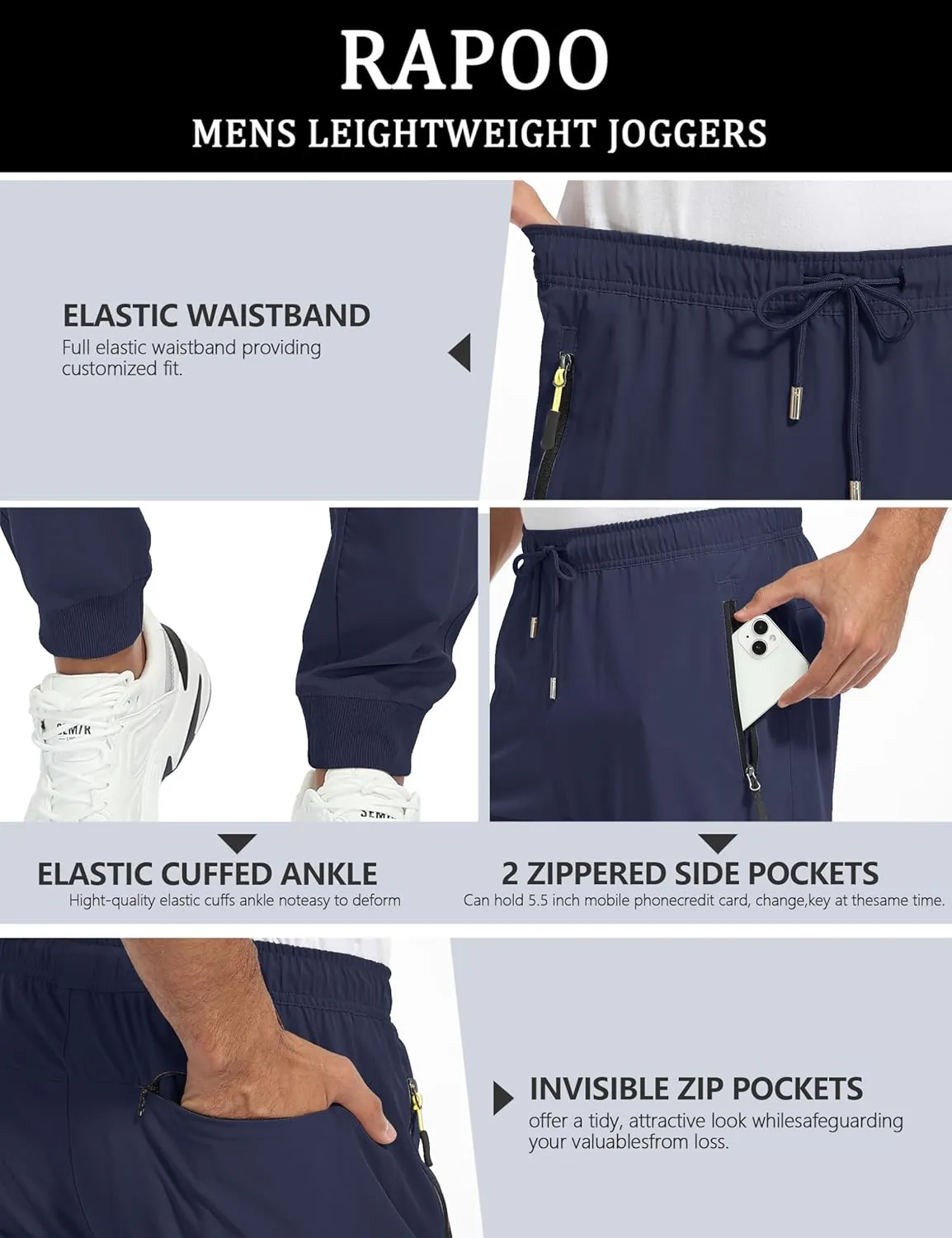 Rapoo Men's Lightweight Joggers Pants Quick Dry Workout Track Running Gym Athletic Pants with 3 Zipper Pockets
