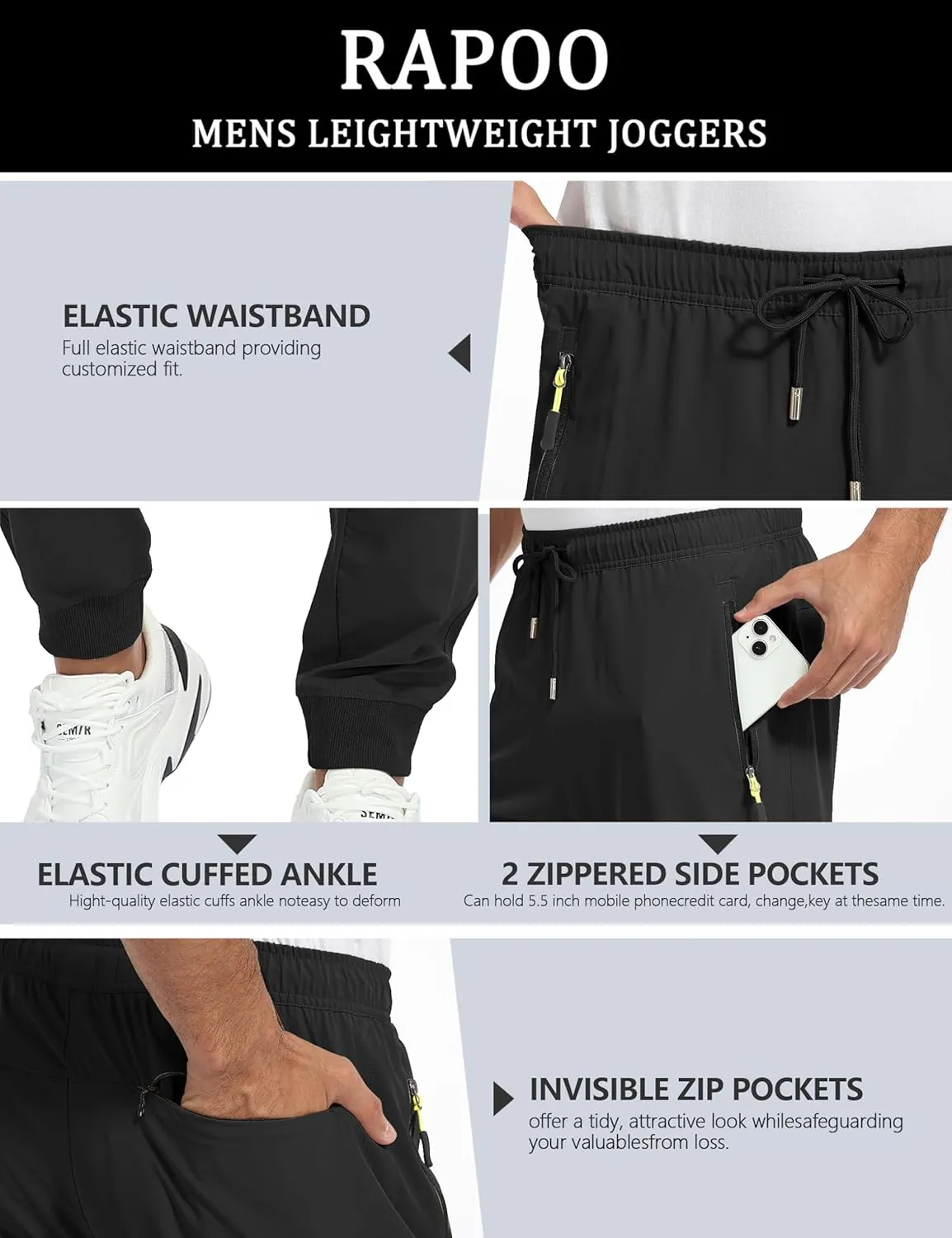 Rapoo Men's Lightweight Joggers Pants Quick Dry Workout Track Running Gym Athletic Pants with 3 Zipper Pockets