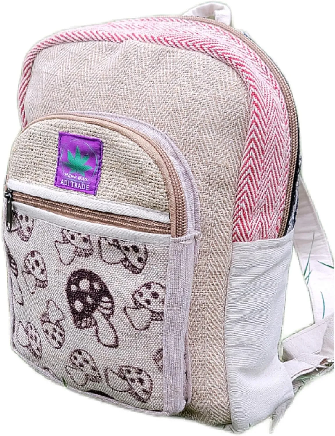 RARA Natural Handmade MINI Hemp backpack, eco-friendly stylish unisex casual backpack Hiking, Travelling and Walking (Mushroom red)