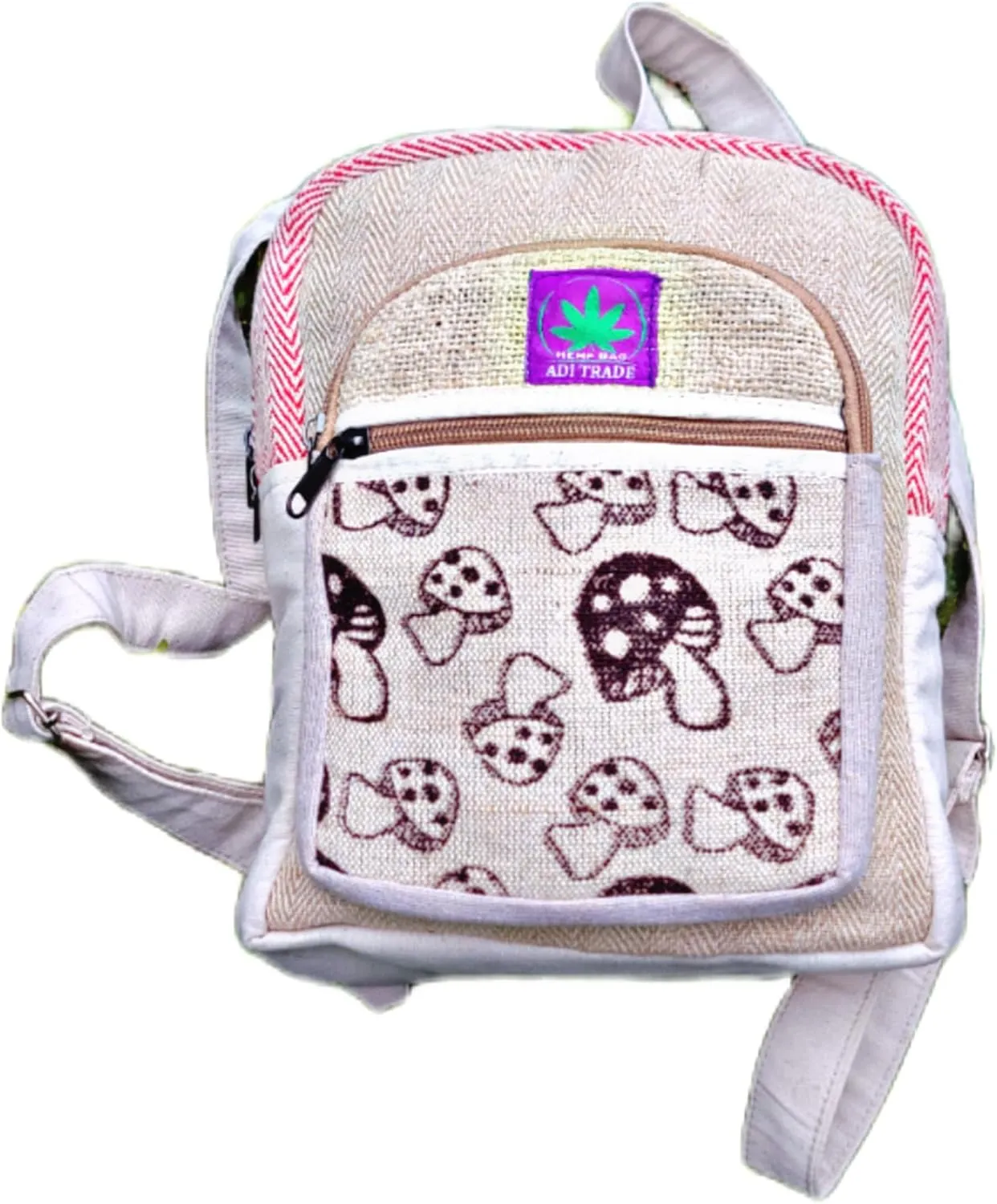 RARA Natural Handmade MINI Hemp backpack, eco-friendly stylish unisex casual backpack Hiking, Travelling and Walking (Mushroom red)