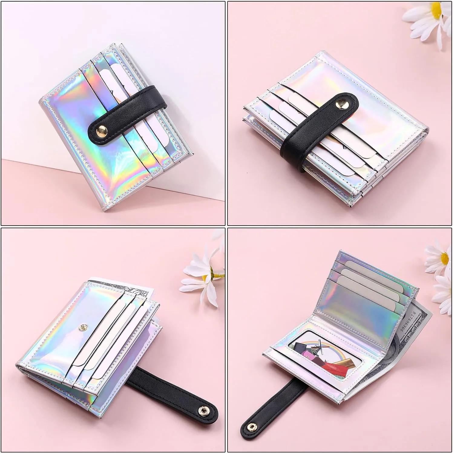 RARITYUS Women Shiny Wallet Holographic Bifold Leather Small Card Holder Coin Change Wallet Clutch Purse