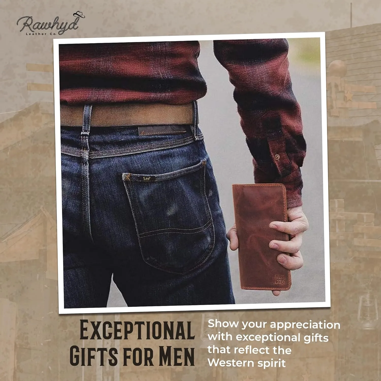 RAW HYD Full-Grain Leather Long Wallet for Men - Classic Bifold Western Wallet for Men - Minimalist Cowboy Wallets for Men - Rodeo wallets for men - Checkbook Cover & Gift for Him
