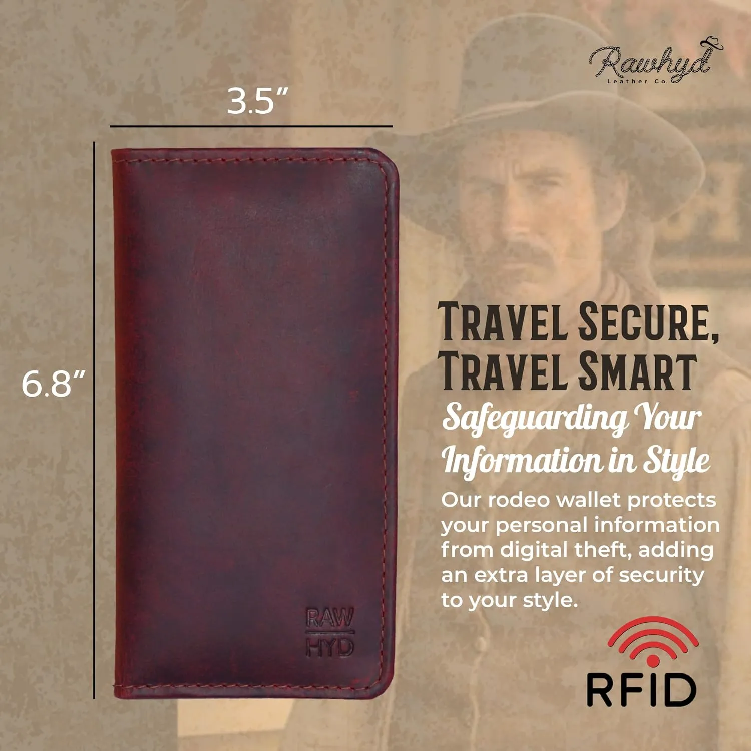RAW HYD Full-Grain Leather Long Wallet for Men - Classic Bifold Western Wallet for Men - Minimalist Cowboy Wallets for Men - Rodeo wallets for men - Checkbook Cover & Gift for Him