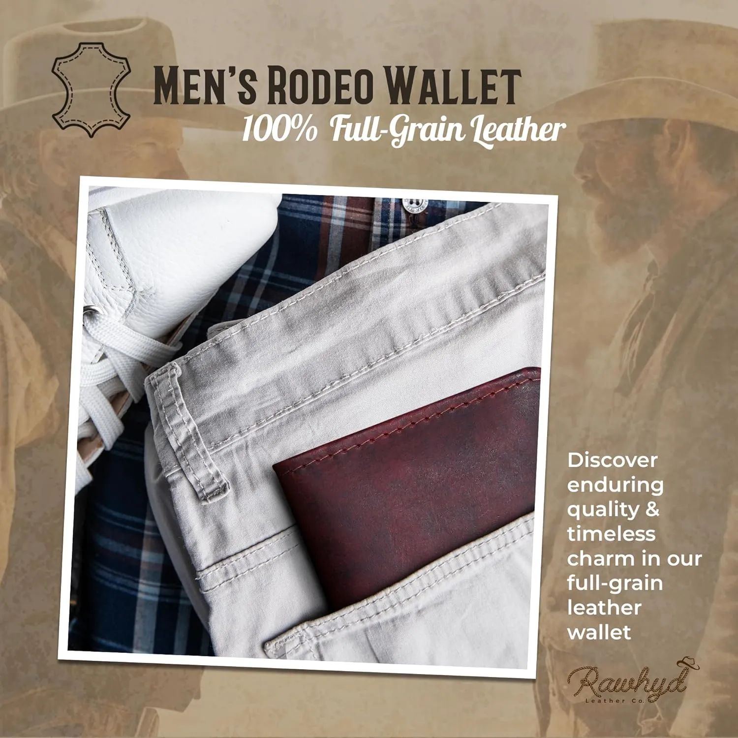 RAW HYD Full-Grain Leather Long Wallet for Men - Classic Bifold Western Wallet for Men - Minimalist Cowboy Wallets for Men - Rodeo wallets for men - Checkbook Cover & Gift for Him