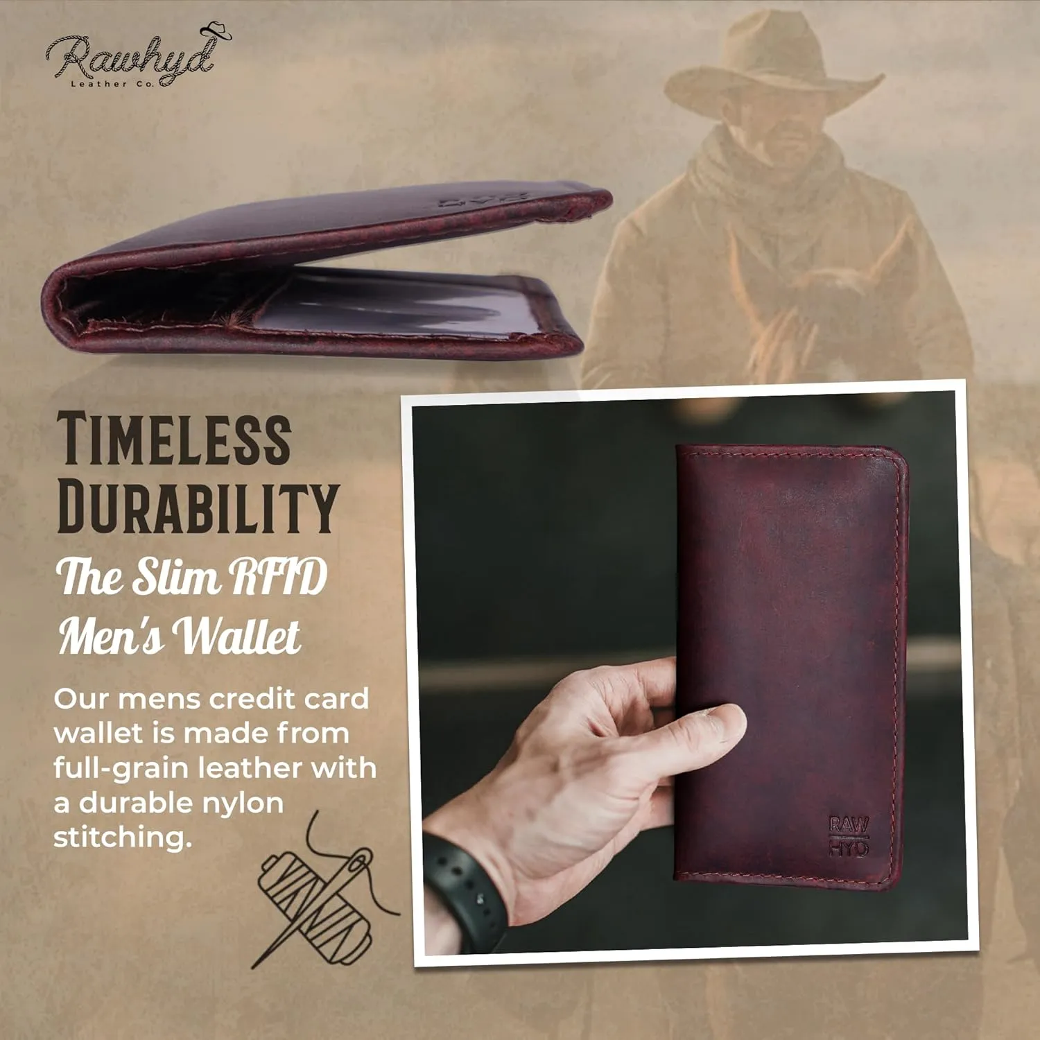 RAW HYD Full-Grain Leather Long Wallet for Men - Classic Bifold Western Wallet for Men - Minimalist Cowboy Wallets for Men - Rodeo wallets for men - Checkbook Cover & Gift for Him